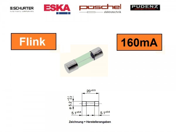 FSF116 - 5 Stück Feinsicherung 160mA 5x20mm Flink Sicherung Fuse