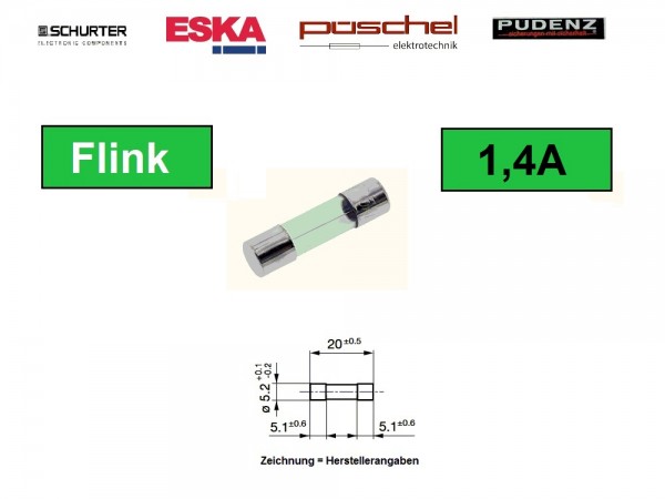 FSF214 - 10 Stück 1,4A Feinsicherung 5x20mm Flink Sicherung Fuse PE