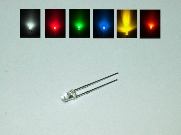 10 Stück LEDs 3mm Rundkopf klar bedrahtet Farben zur Auswahl