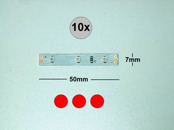 S3102 - LED Streifen 5cm Häuser Waggon Bahn Modellbau rot 3 LEDs 8-16V [10 pcs]