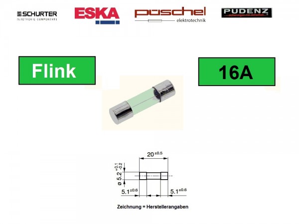 FSF316 - 10 Stück 16A Feinsicherung 5x20mm Flink Sicherung Fuse PE